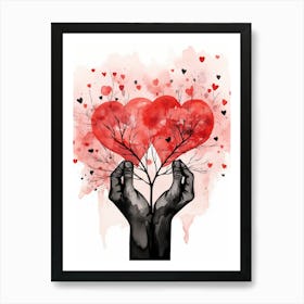 Hearts Love in hands red Art Print