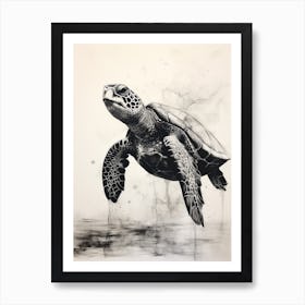 Black Watercolour Drawing Of A Sea Turtle Art Print