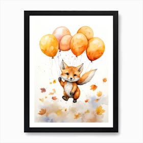 Red Fox Flying With Autumn Fall Pumpkins And Balloons Watercolour Nursery 2 Art Print