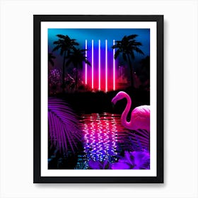 Neon landscape: Neon pillars & flamingo [synthwave/vaporwave/cyberpunk] — aesthetic retrowave neon poster Art Print