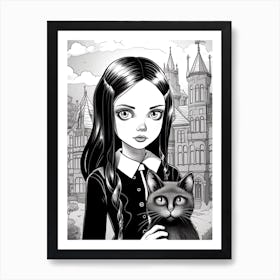 Nevermore Academy With Wednesday Addams And A Cat Line Art Fan Art Art Print