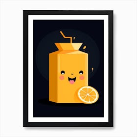 Orange Juice Box With A Cat Kawaii Illustration 1 Art Print