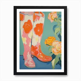 Painting Of Roses Flowers And Cowboy Boots, Oil Style 1 Art Print
