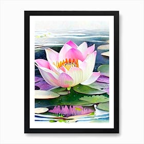 Blooming Lotus Flower In Lake Watercolour 1 Art Print