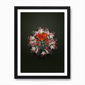 Vintage Blood Red Lily Floral Wreath on Olive Green Art Print