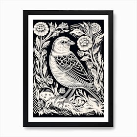 B&W Bird Linocut Yellowhammer 3 Art Print