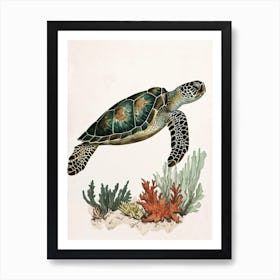 Minimalist Coral Sea Turtle Illustration Art Print