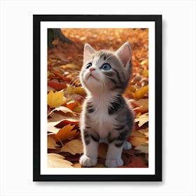 Kitten In Autumn Leaves Art Print