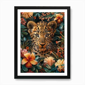 A Happy Front faced Leopard Cub In Tropical Flowers 14 Art Print