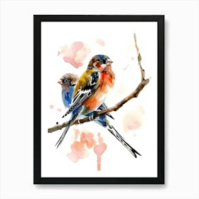 Watercolor Birds On A Branch Colorful Illustration Art Print