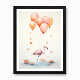 Flamingo Flying With Autumn Fall Pumpkins And Balloons Watercolour Nursery 2 Art Print
