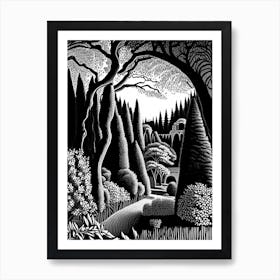 Parco Sempione, 1, Italy Linocut Black And White Vintage Art Print