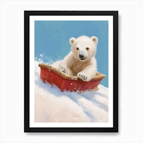 Polar Bear Cub Sledding Down A Snowy Hill Storybook Illustration 2 Art Print