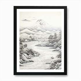 The Japanese Alps In Multiple Prefectures, Ukiyo E Black And White Line Art Drawing 2 Art Print