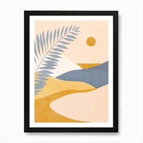 Mid Mod Boho Tropical Summer Landscape Peach Fuzz, Blue, ochre Art Print