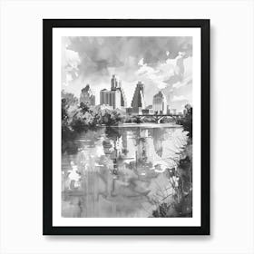 Skyline Austin Texas Black And White Watercolour 4 Art Print