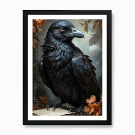 A majestic black raven clutching a sealed letter in its beak, radiating an aura of mystery and intelligence. The bird's sleek feathers glisten in the moonlight, giving off a sense of otherworldly elegance. This captivating scene is depicted in a beautifully detailed oil painting, capturing every nuance of the creature's striking presence. The intricate brushstrokes and rich color palette elevate this piece to a masterpiece of avian artistry Art Print