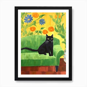 Black Cat Sitting In An Green Armchair Art Print