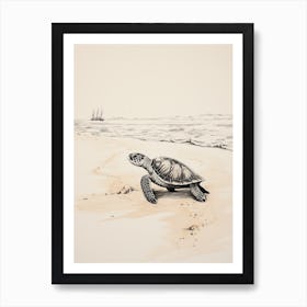 Detailed Sepia Sea Turtles On Beach  2 Art Print