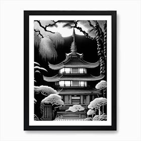 Ninna Ji Temple, Japan Linocut Black And White Vintage Art Print