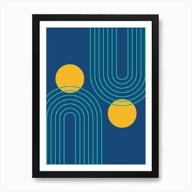 Mid Century Modern Geometric cI in Cottage Teal Navy Blue Mustard Yellow (Rainbow and Sun Abstraction) 6 Art Print