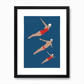 Art Deco style diving  trio in navy Art Print