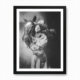 Cowgirl And Her Horse, Western Aesthetic, Vintage Black and White Old Photo 1 Art Print