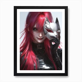 Red Haired Girl With Cat Mask Art Print