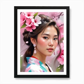 Asian Girl With Cherry Blossoms 1 Art Print