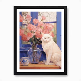 White Cat By Flowers Art Print