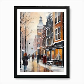 Amsterdam cafes, winter season, Christmas, autumn oil colors, pale colors, pedestrians in the street, winter clothes, falling snow.5 2 Art Print