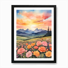 Default A Painting Of A Sunset Over A Field Of Flowers And Mou 0 3 Art Print