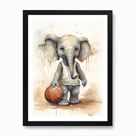 Elephant Painting Playing Basketball Watercolour 1 Art Print