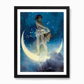 Spring Scattering Stars by Edwin Blashfield - Vintage Victorian Art Deco Remastered Oil on Canvas 1927 Pagan Mythological Magical Fairytale Witchy Blue Crescent Moon Art Print