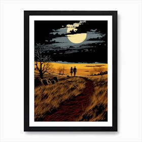 Couple Walking In The Field At Night Art Print