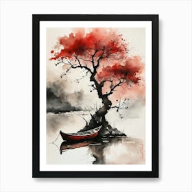 Small Boat Ink Painting Red Art Print