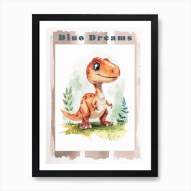 Cute Cartoon Dinosaur Watercolour 2 Poster Art Print