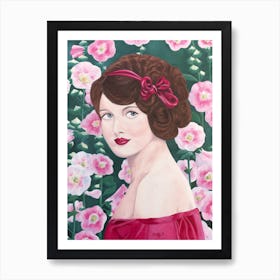 Woman With Hollyhocks Art Print