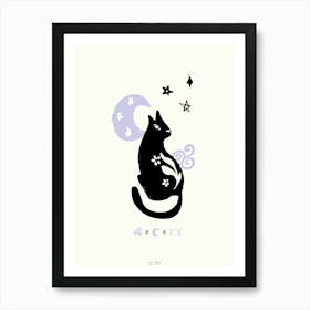 Magic Black Cat With Moon And Stars Lavender Art Print