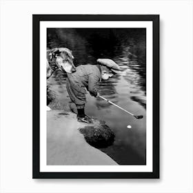 Boy And His Dog Playing Golf, Funny Vintage Black and White Old Photo 1 Art Print