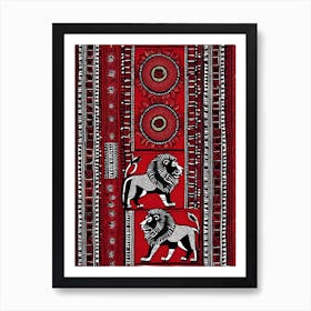 African Quilting Inspired Art of Lion Folk Art, Poetic Red, Black and white Art, 1221 Art Print