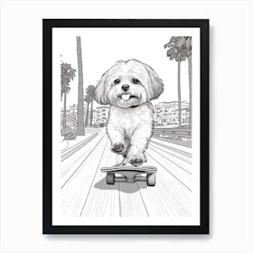 Shih Tzu Dog Skateboarding Line Art 4 Art Print