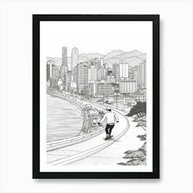 Skateboarding In Busan, South Korea Line Art Black And White 4 Art Print