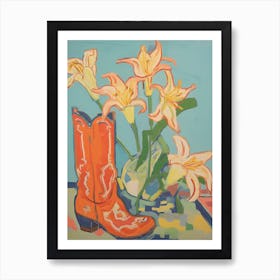 Painting Of Orange Flowers And Cowboy Boots, Oil Style 5 Art Print