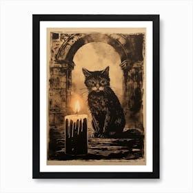Sepia & Black Cat Under Medieval Archyway With Candle  Art Print