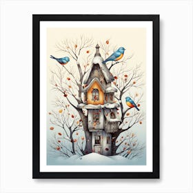 Bird House Winter Snow Illustration 4 Art Print