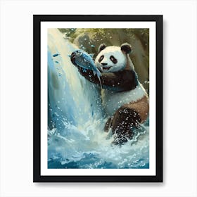 Giant Panda Catching Fish In A Waterfall Storybook Illustration 2 Art Print