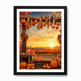 A Photograph Showcasing A Thanksgiving Festival Scene Set In A Rustic Fall Evening Wooden Decoratio (6) Art Print