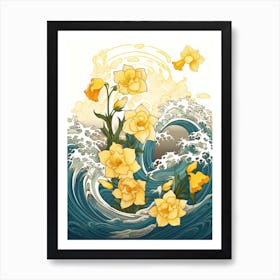 Great Wave With Daffodil Flower Drawing In The Style Of Ukiyo E 3 Art Print