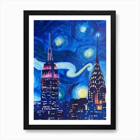 Starry Night In New York Van Gogh Manhattan Chrysler Building And Empire State Building Art Print